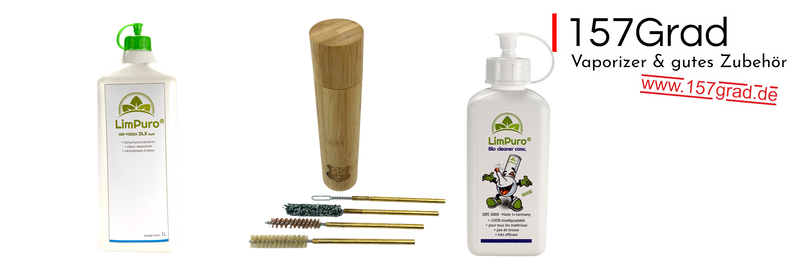 Reinigungszubehör für Vaporizer: LimPuro Reiniger-Konzentrat, Bürsten-Set und Pumpflasche