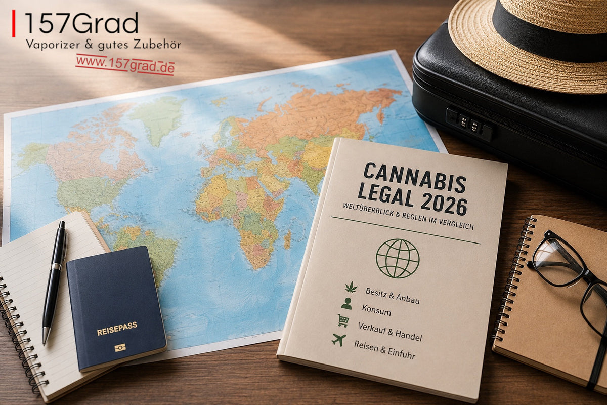 Weltkarte mit Reisepass und Notizbuch zur Cannabis-Gesetzgebung 2026