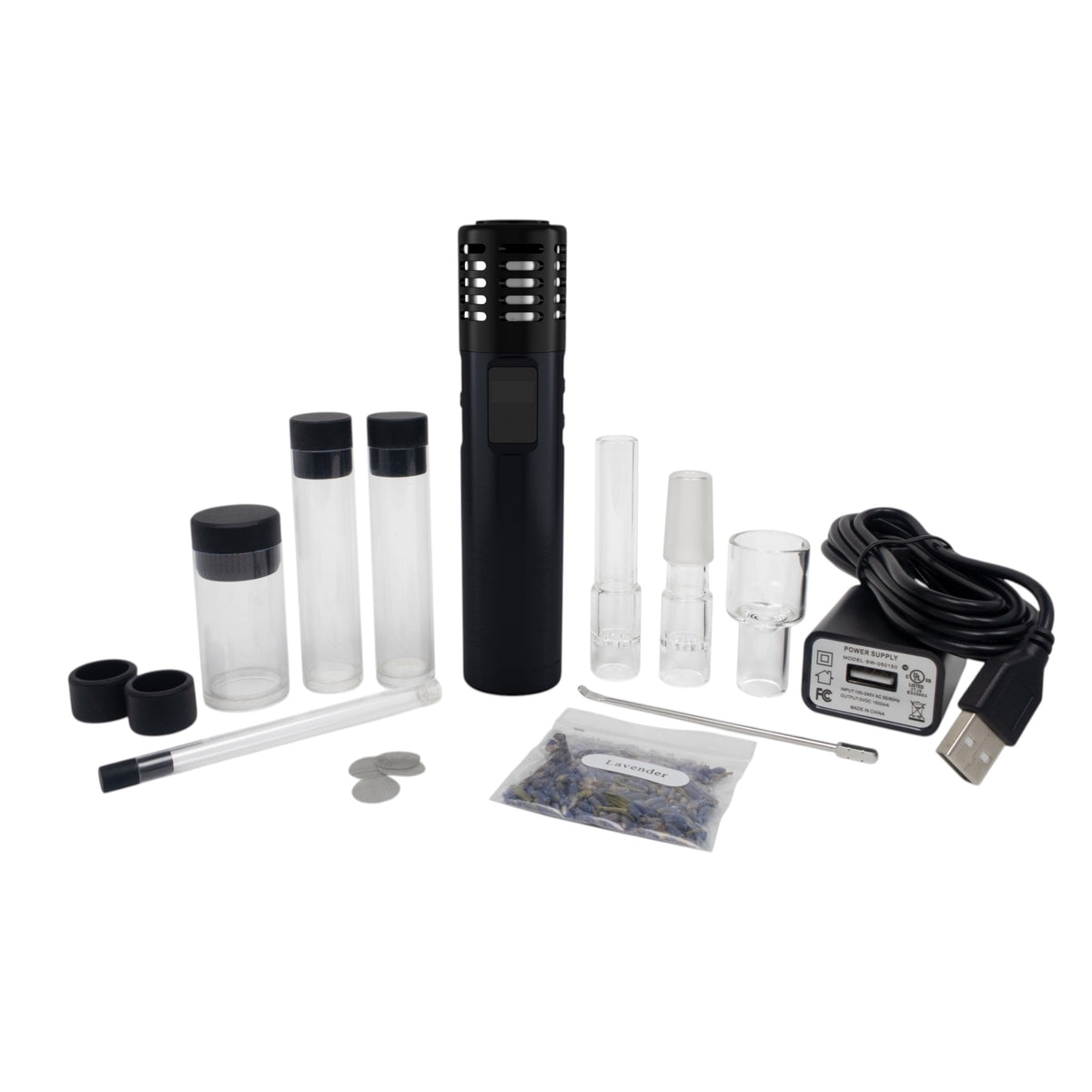 Lieferumfang des Arizer Air Max mit Glasmundstücken, Dosierbehältern, Bürste und Kabel