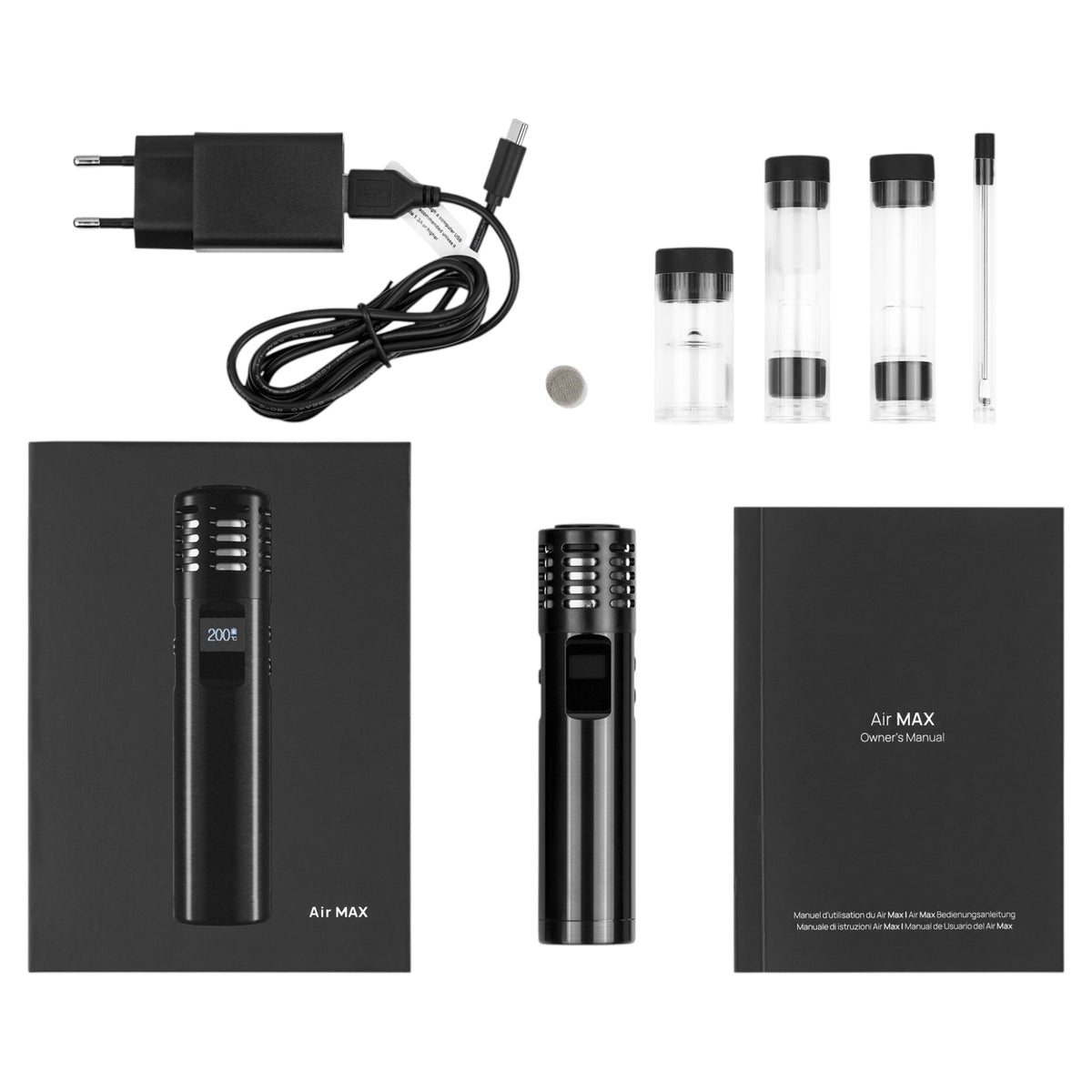 Arizer Air Max mit Netzteil, Ersatzteilen und Bedienungsanleitung