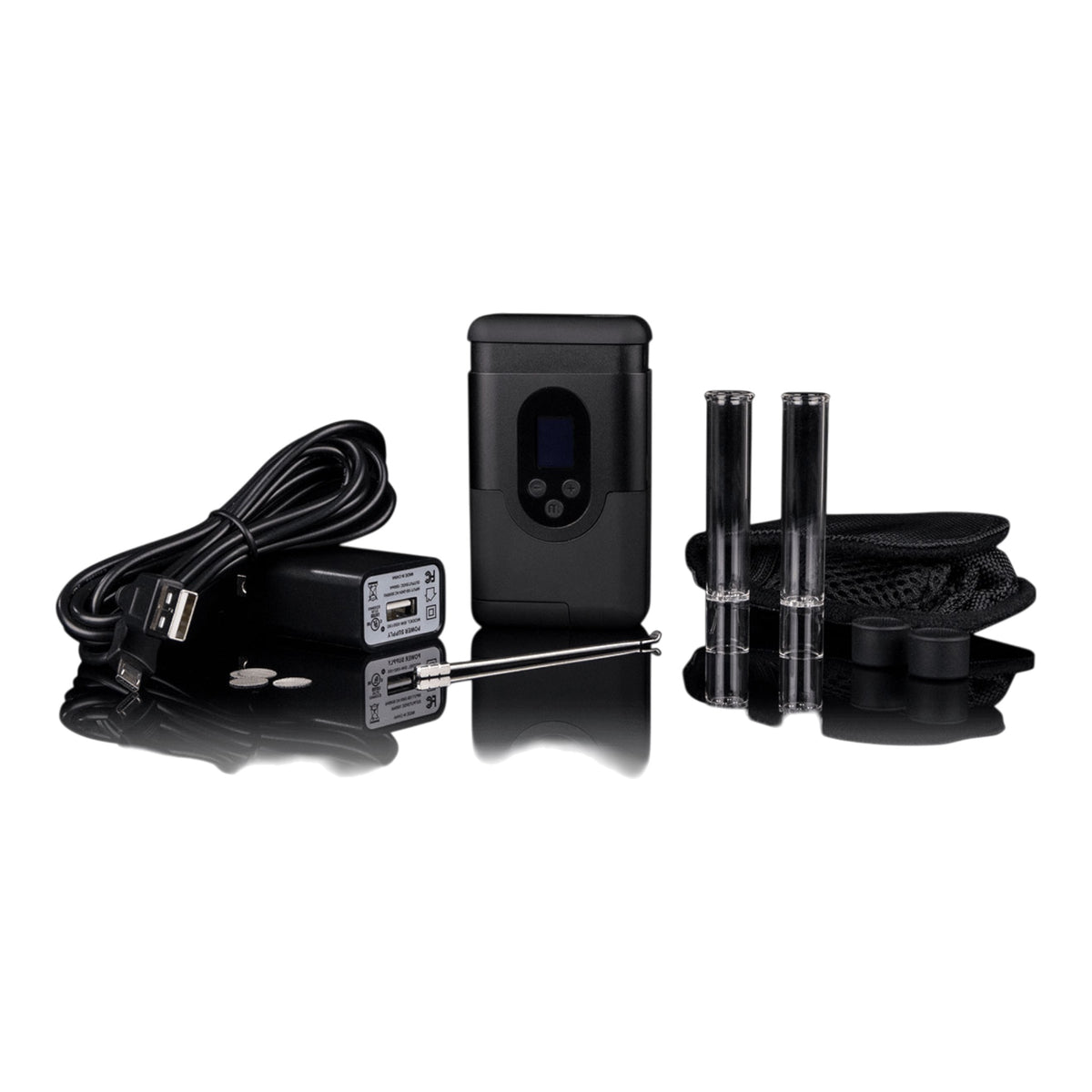 Lieferumfang des Arizer ArGo mit Ladekabel, Netzteil, Glasmundstücken und Werkzeug