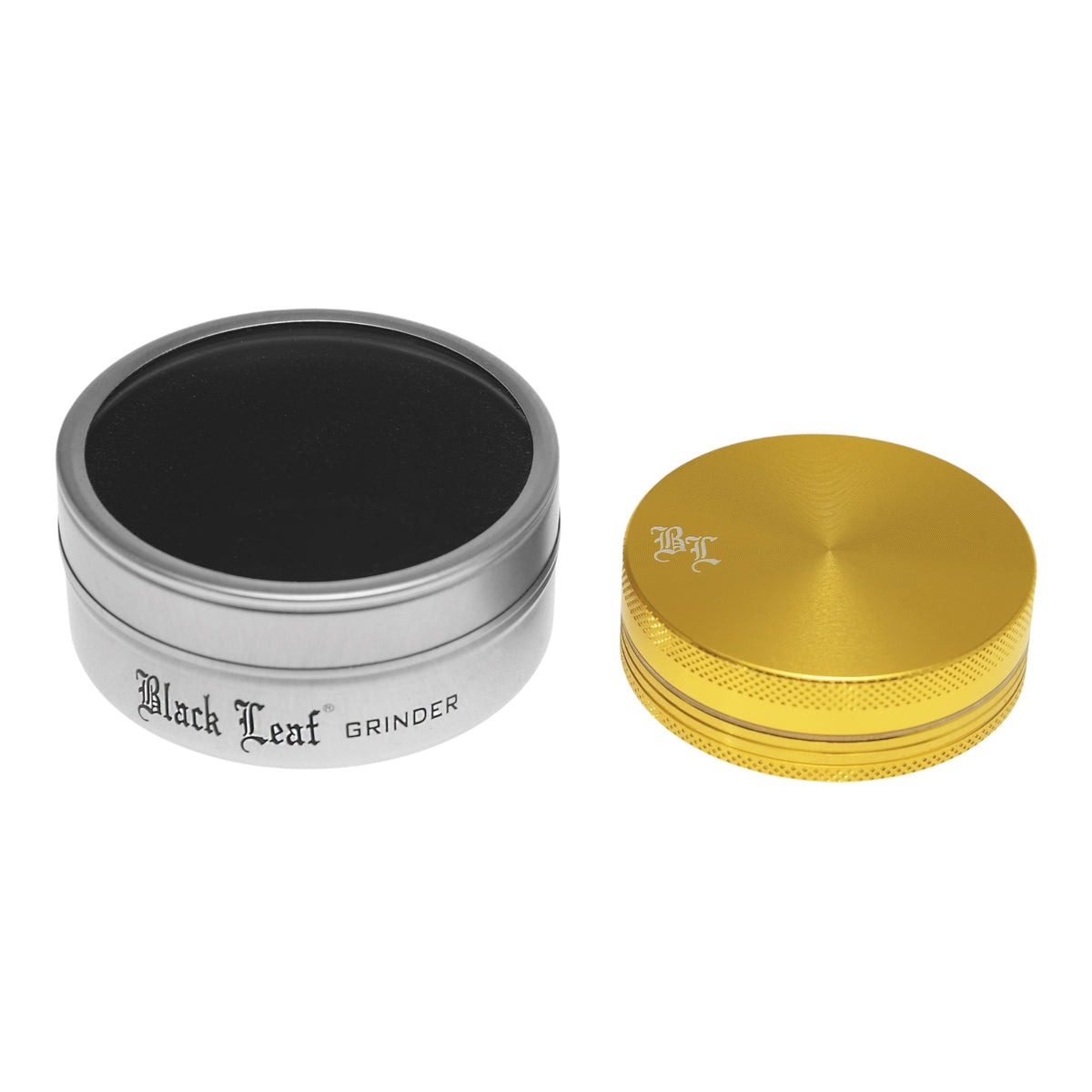 Black Leaf Alu Grinder 2 teilig Gold geschlossen mit Dose