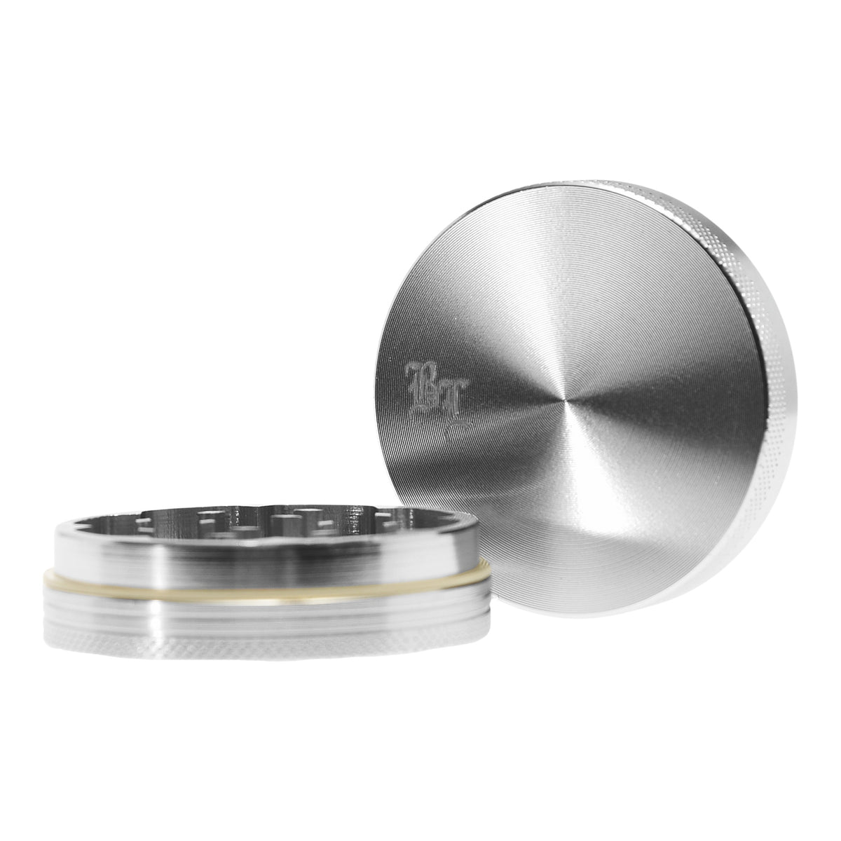 Black Leaf Alu Grinder 2 teilig Silber geöffnet Deckel Details