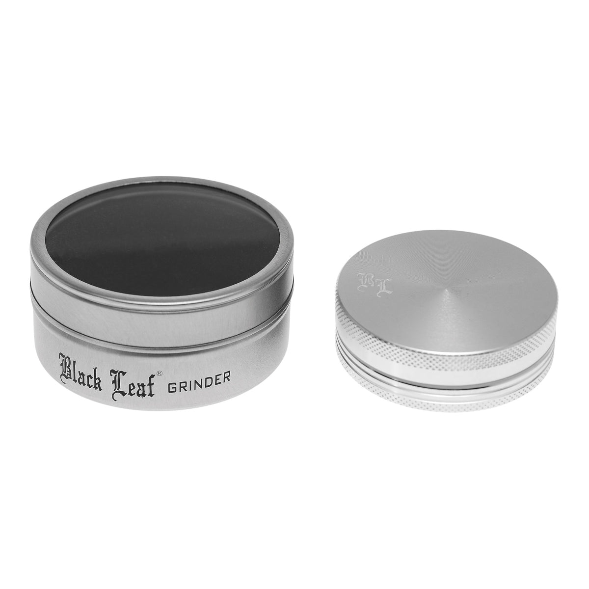 Black Leaf Alu Grinder 2 teilig Silber geschlossen mit Dose