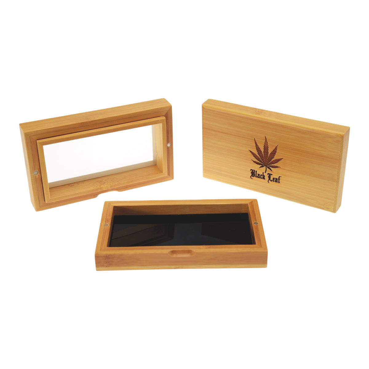 Black Leaf Aufbewahrungskiste aus Bambus kleine Innenbox geöffnet alle 3 Teile nebeneinander