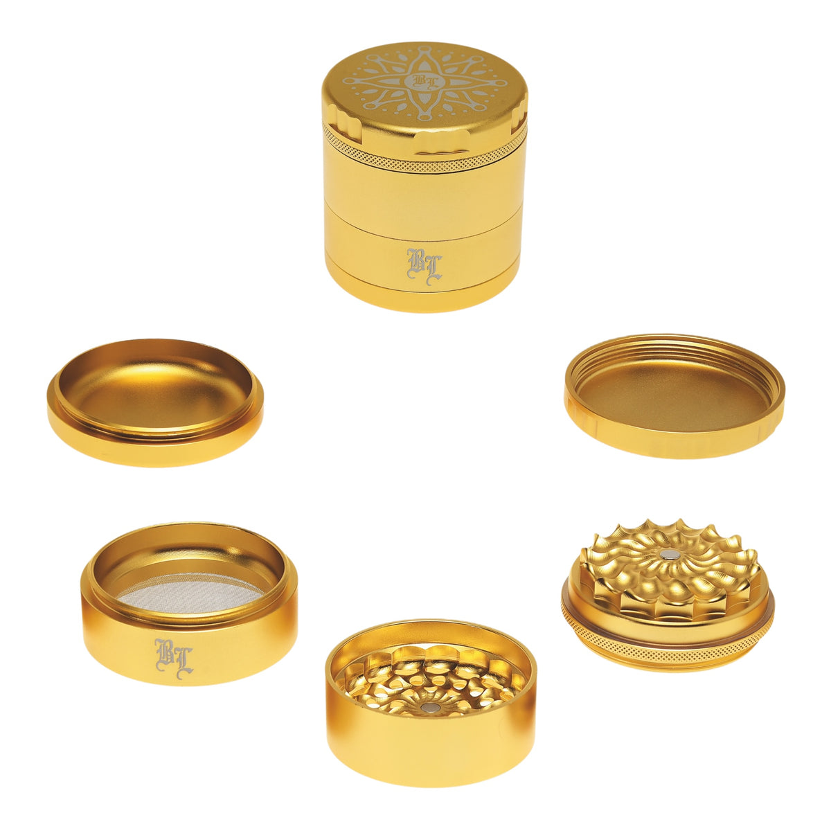 Black Leaf CNC Flowergrinder / Blumengrinder Gold geschlossen und alle Teile im Detail