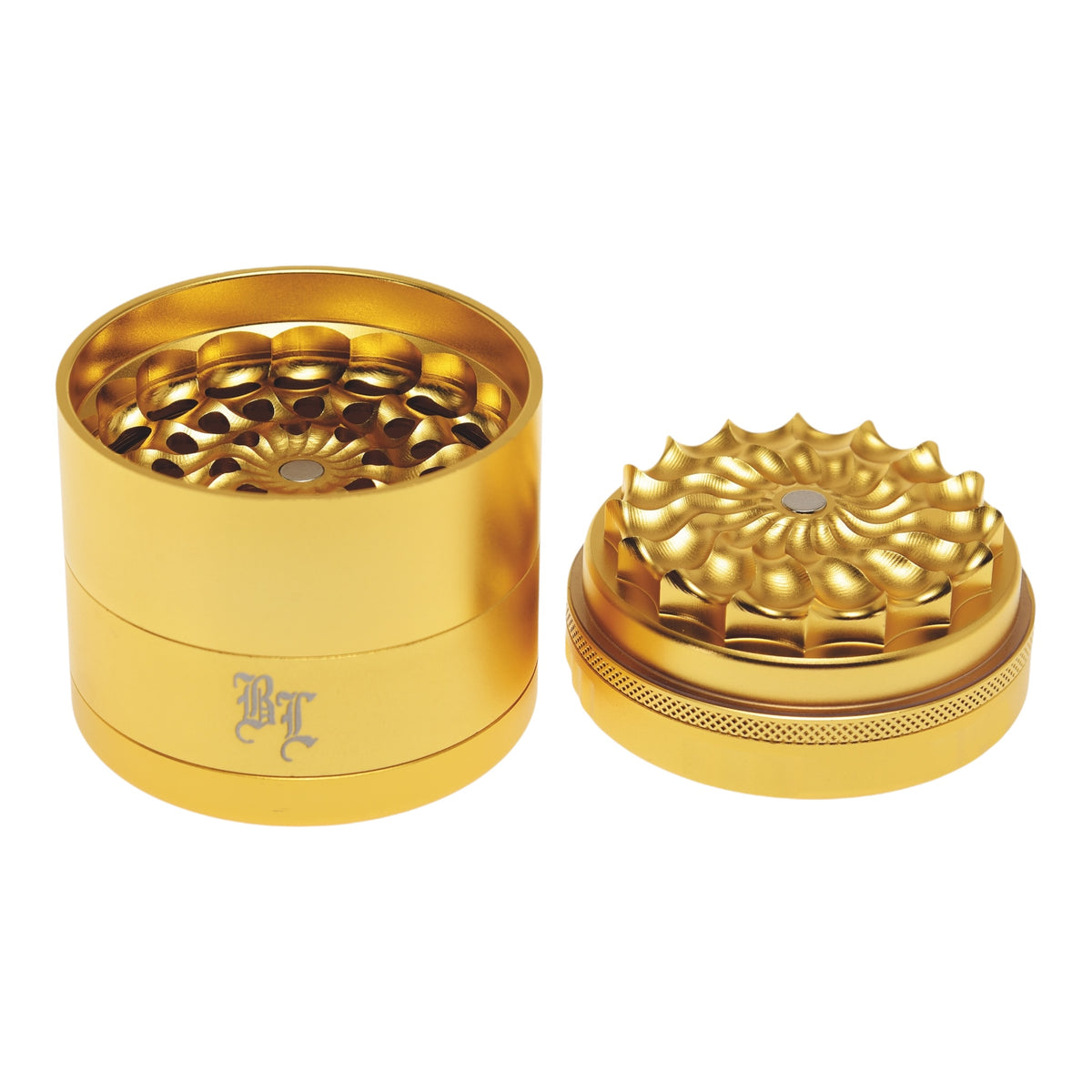 Black Leaf CNC Flowergrinder / Blumengrinder Gold geöffnet Deckel liegt daneben