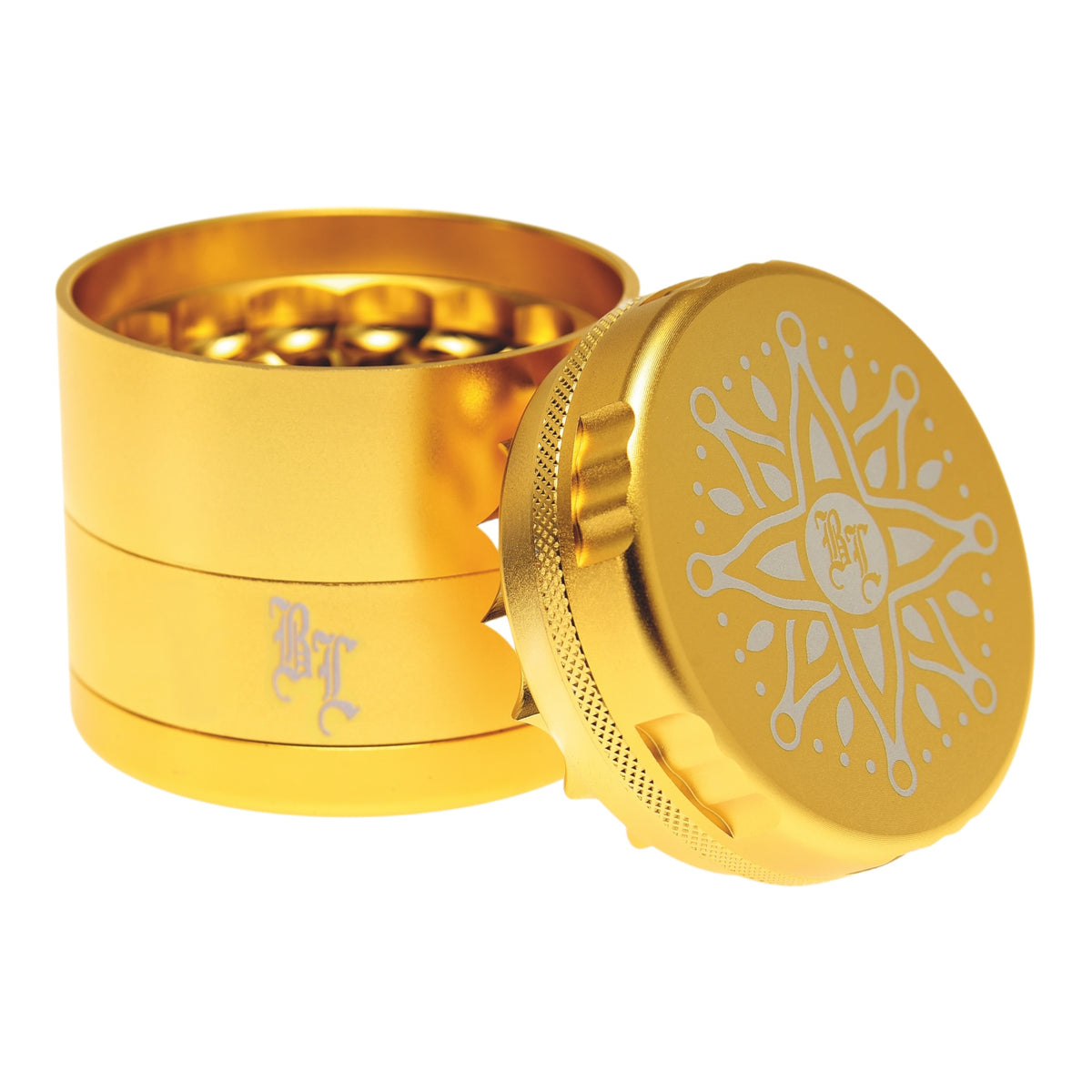 Black Leaf CNC Flowergrinder / Blumengrinder Gold geöffnet Deckel lehnt schräg am Grinder