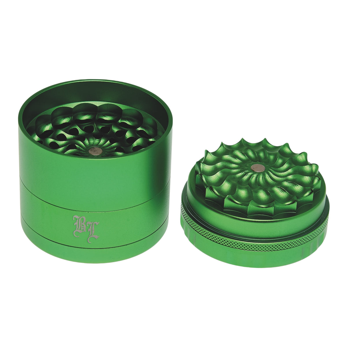 Black Leaf CNC Flowergrinder / Blumengrinder Grün geöffnet Deckel liegt neben dem Grinder