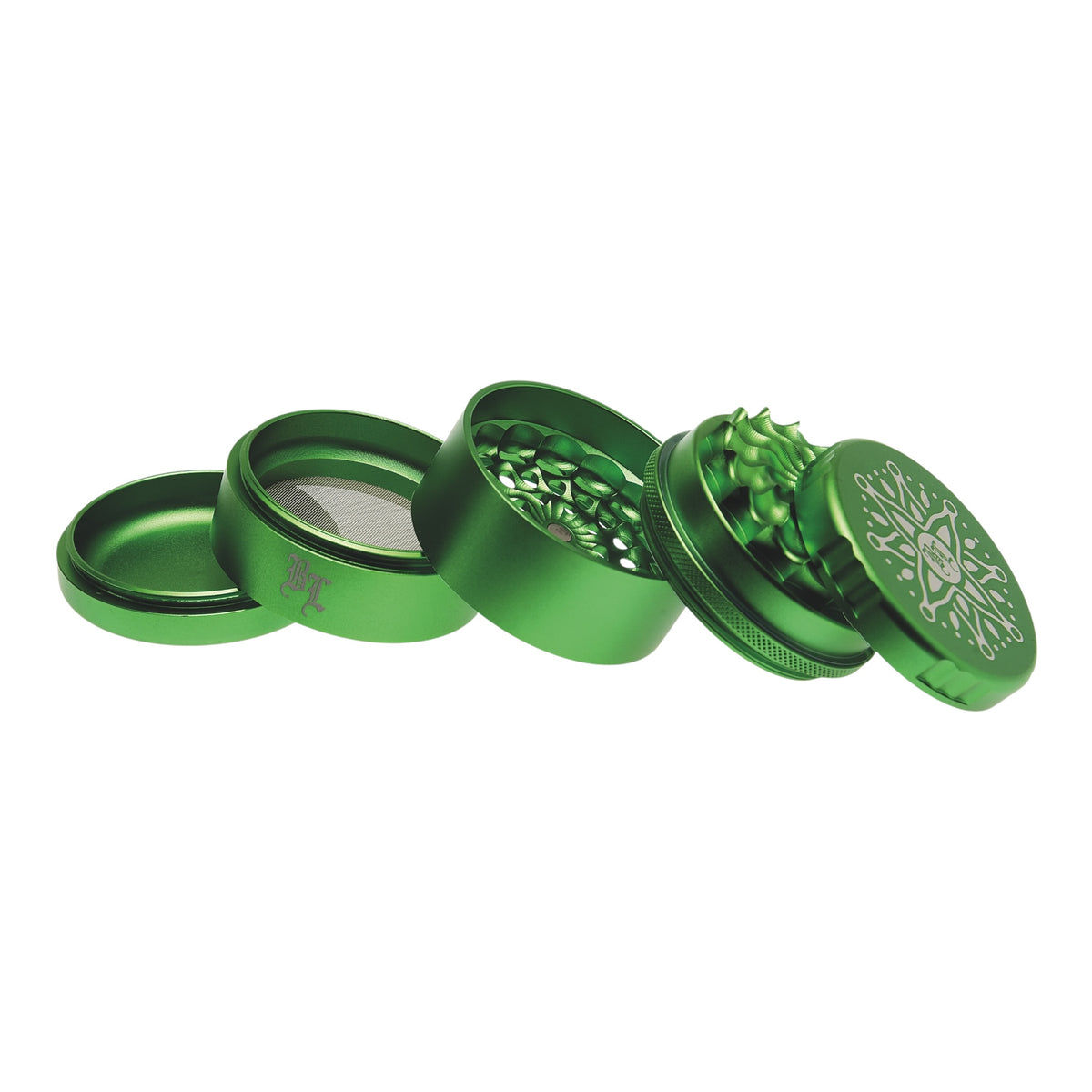 Black Leaf CNC Flowergrinder / Blumengrinder Grün geöffnet alle Teile schräg aufeinander