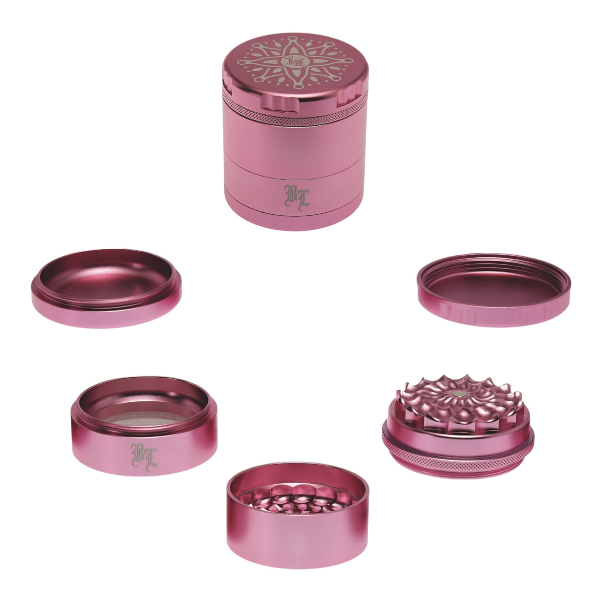 Black Leaf CNC Flowergrinder / Blumengrinder Rosa/Pink geschlossen und 5 Teile im Detail
