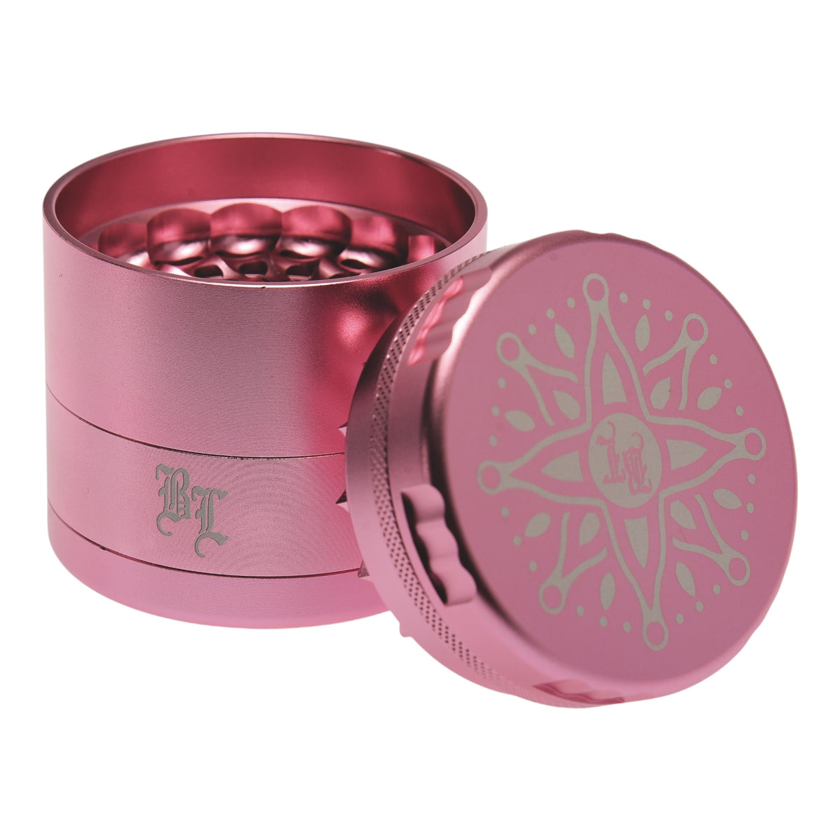 Black Leaf CNC Flowergrinder / Blumengrinder Rosa/Pink geöffnet Deckel lehnt schräg am Grinder