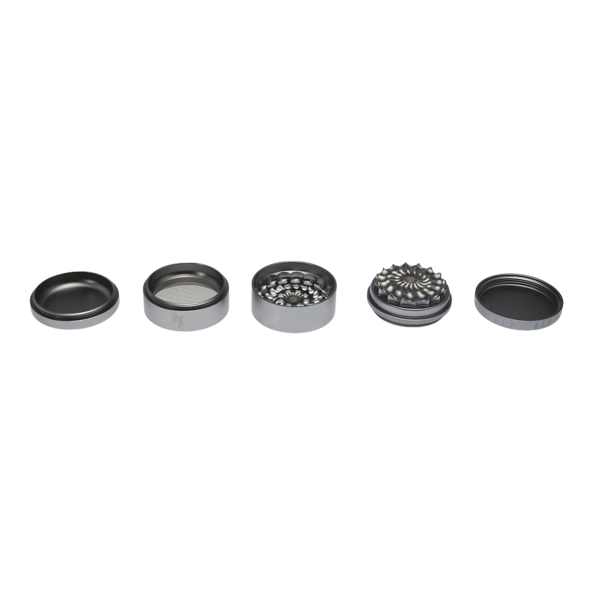 Black Leaf CNC Flowergrinder / Blumengrinder Silber geöffnet alle Teile nebeneinander