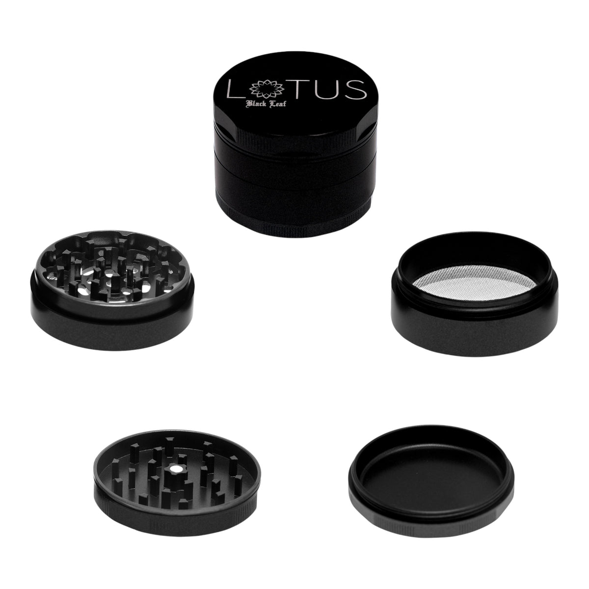 Black Leaf Lotus Grinder schwarz geschlossen und 4 Teile im Detail