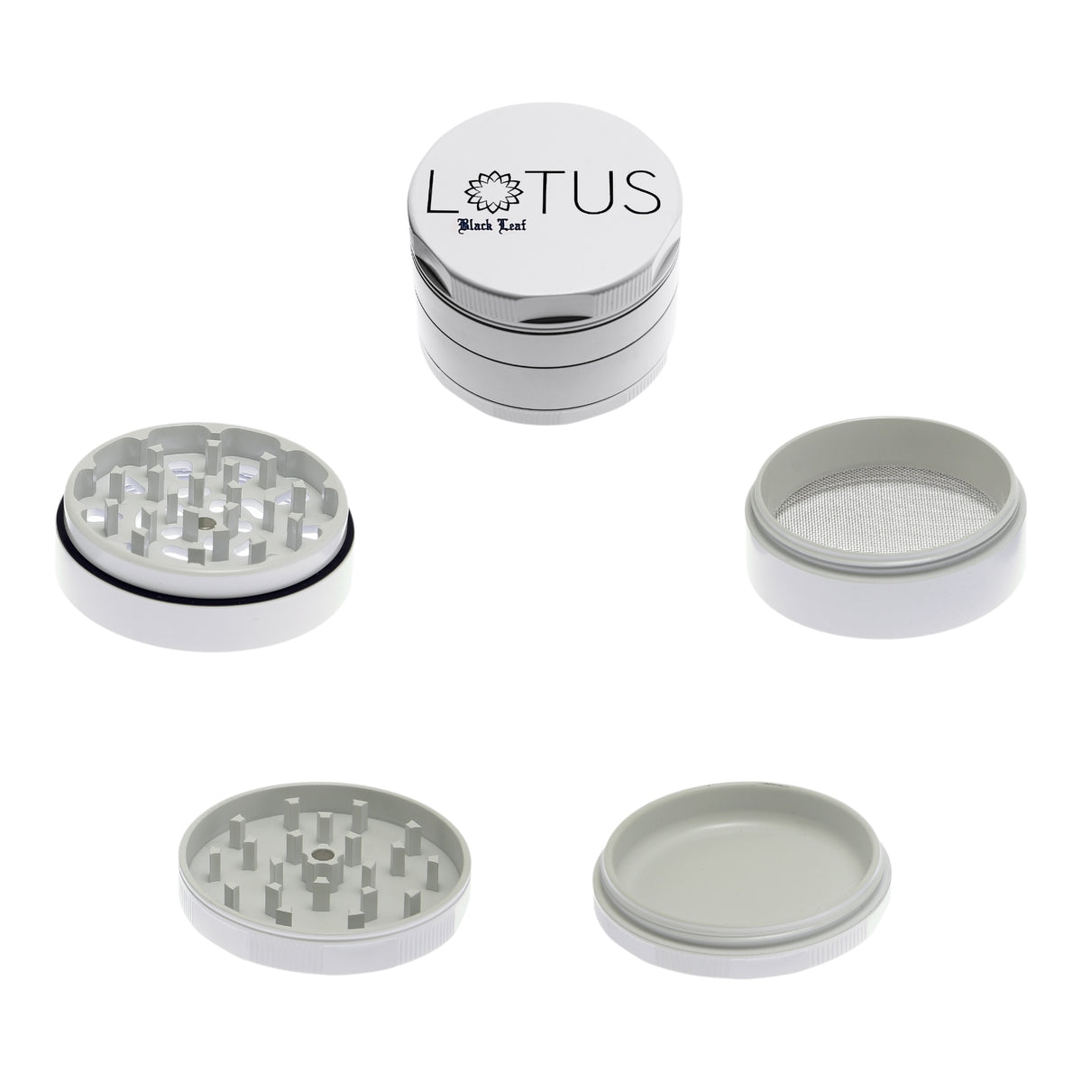 Black Leaf Lotus Grinder weiss geschlossen und 4 Teile im detail