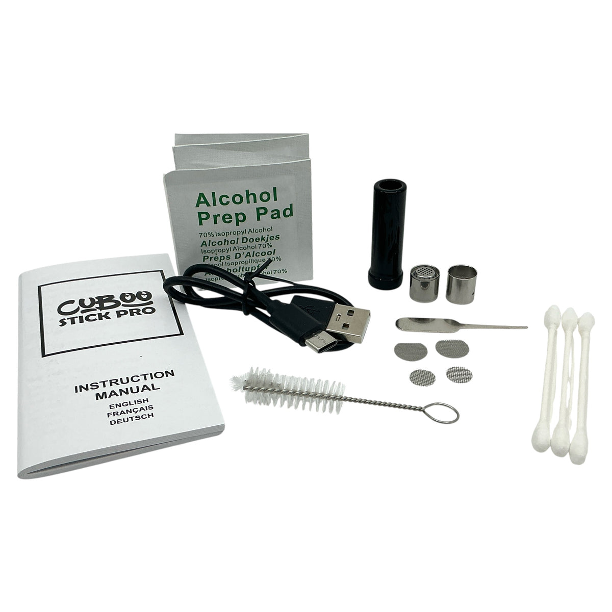 Lieferumfang des Cuboo Stick Pro mit Kabel, Sieben, Bürste, Tüchern und Anleitung