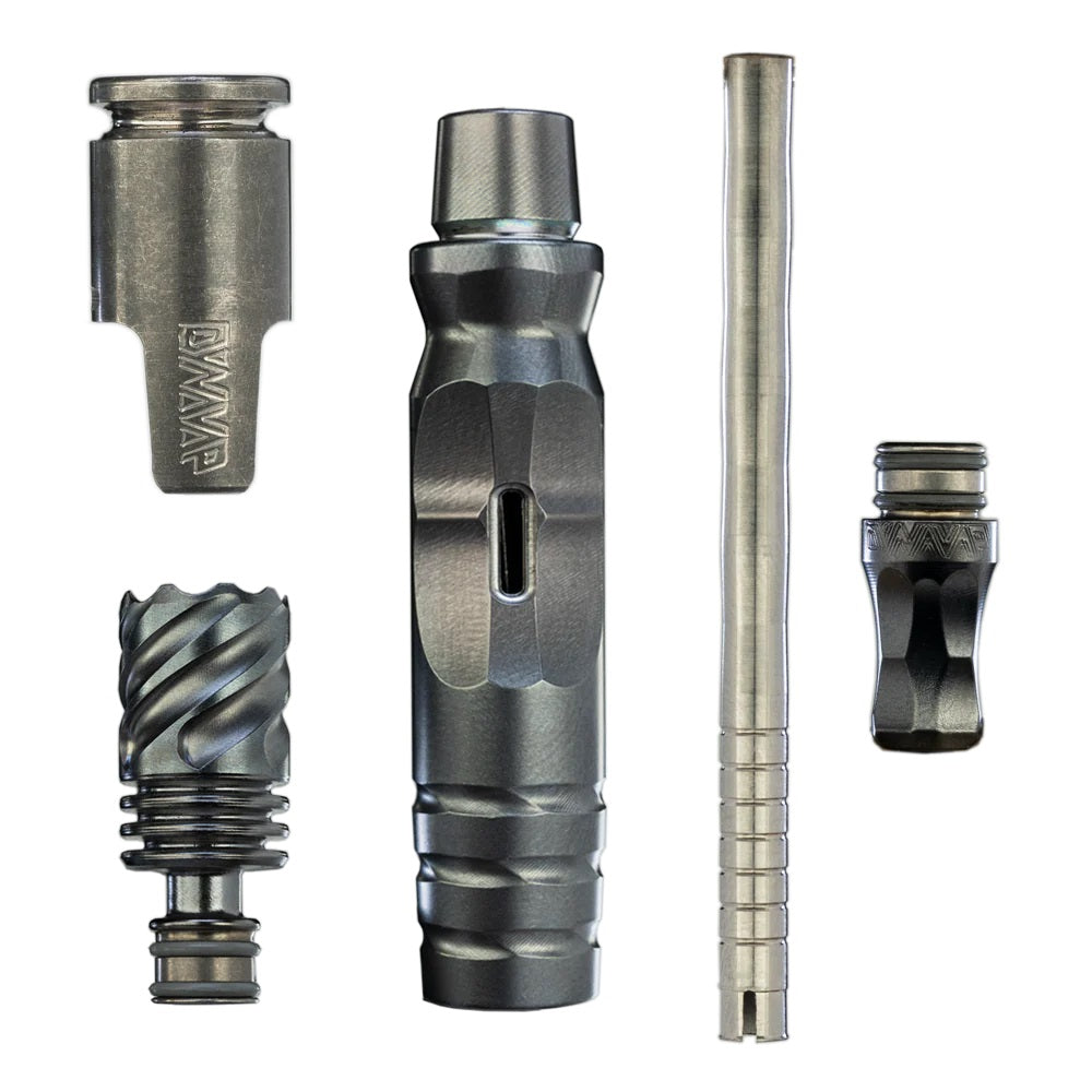 Einzelteile des DynaVap The HyperDyn: Kappe, Kammer, Körper, Stiel und Mundstück