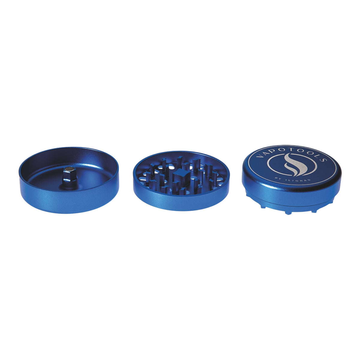 Vapotools by 157Grad Aluminium Ultra Grinder Blau geöffnet Details Logo