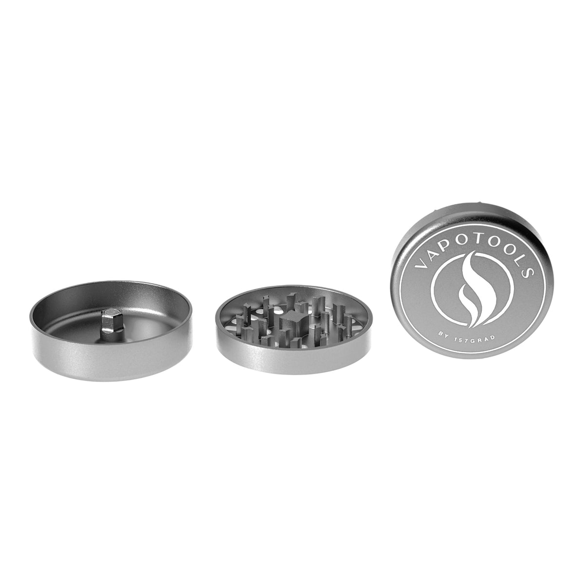 Vapotools by 157Grad Aluminium Ultra Grinder Silber geöffnet Details Deckel mit Logo