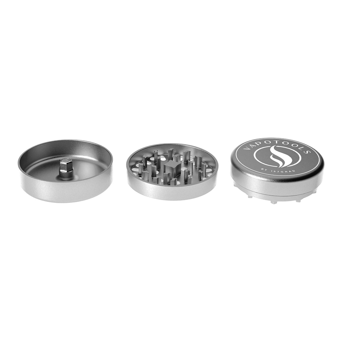 Vapotools by 157Grad Aluminium Ultra Grinder Silber geöffnet nebeneinander Details Logo