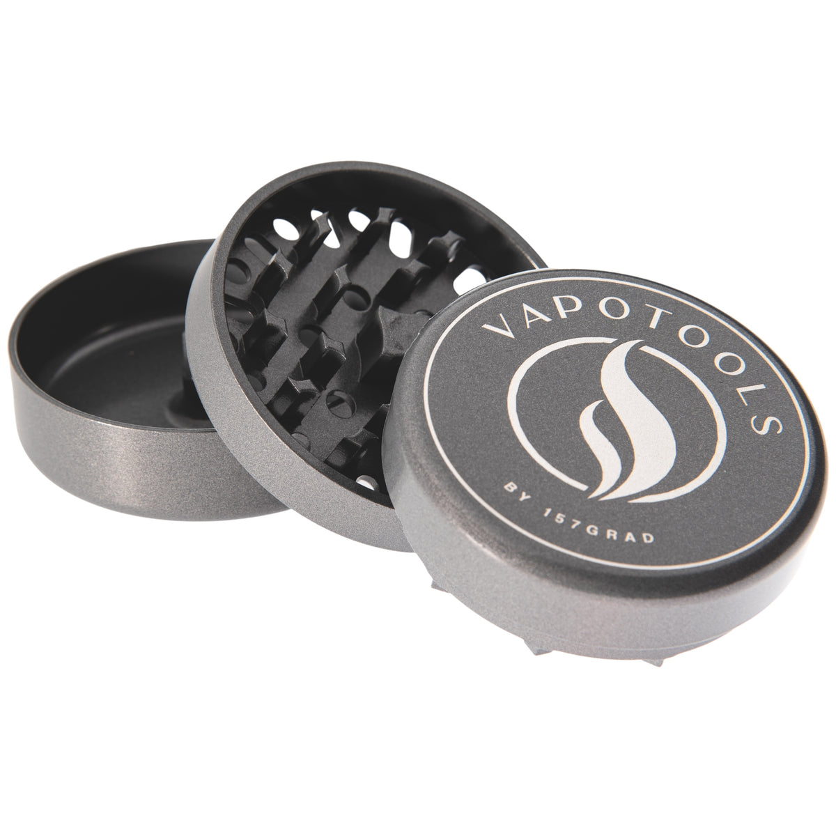 Vapotools by 157Grad Ceramic Ultra Grinder Grau geöffnet in 3 Teile aufeinander