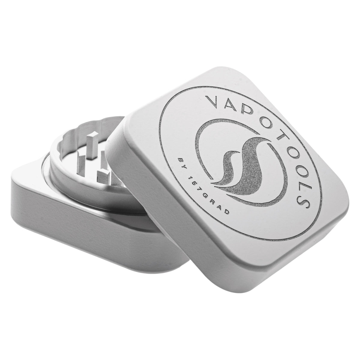 Vapotools by 157Grad Ceramic Square Grinder Weiss geöffnet schräg aufeinander
