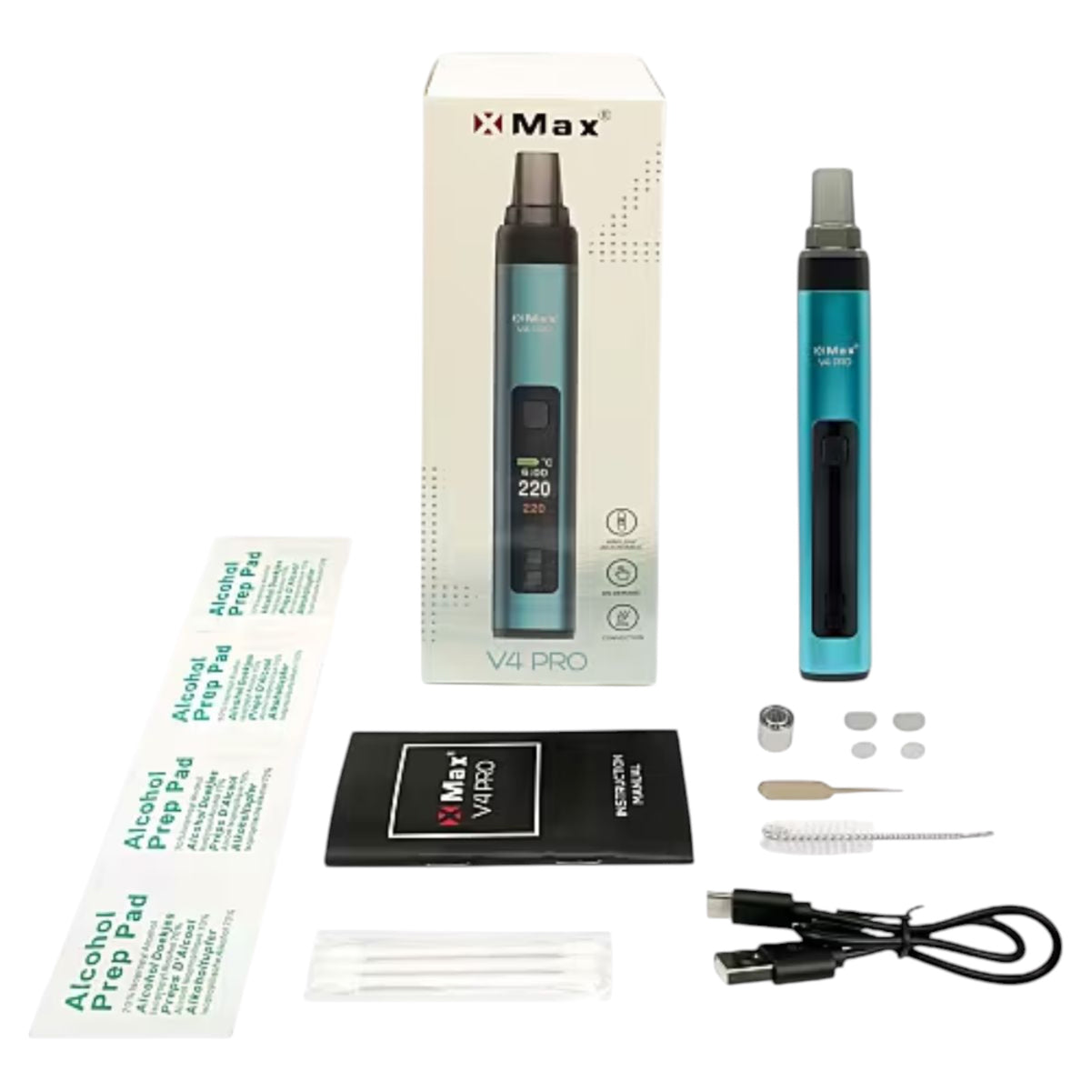 XMAX V4 Pro in Blau mit Zubehör im Vordergrund abgebildet.