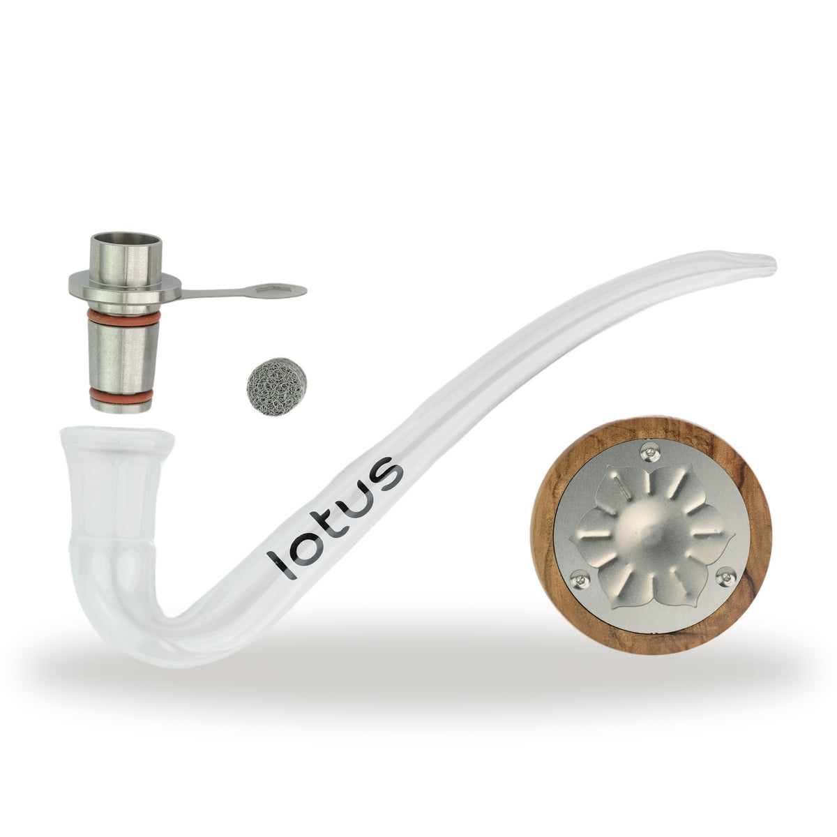 INHALE Lotus Kit Olivenholz: Vapor Cap mit Heizplatte in Blütenform, Adapter, Sieb und Glaspfeife