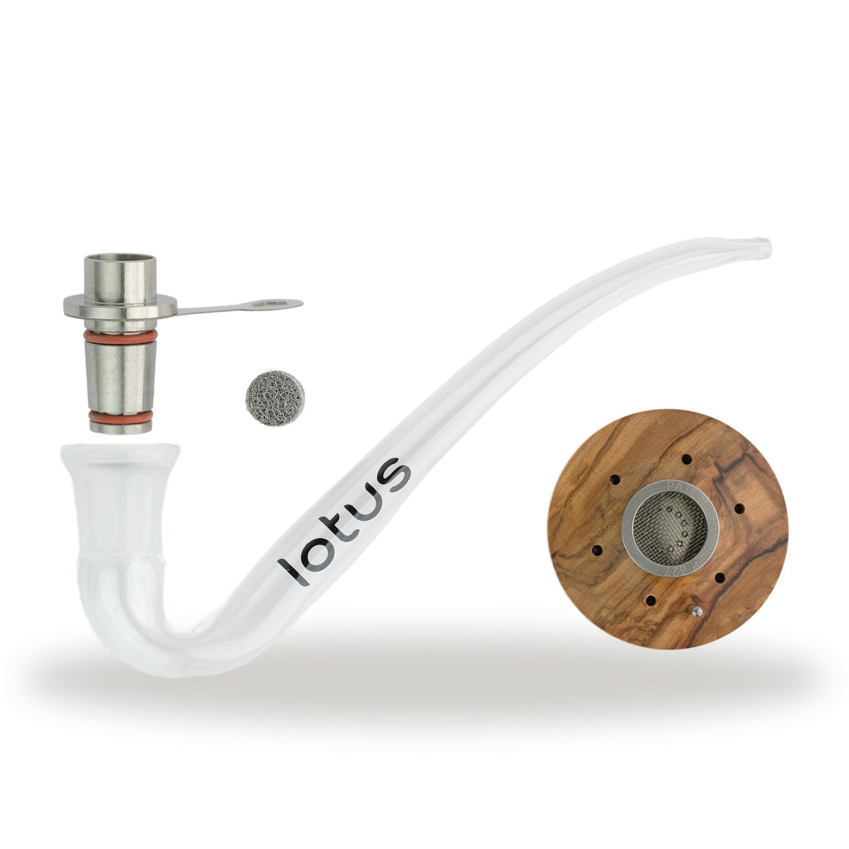 INHALE Lotus Vapor Cap aus Olivenholz von unten mit Sieb, daneben Adapter und Glaspfeife