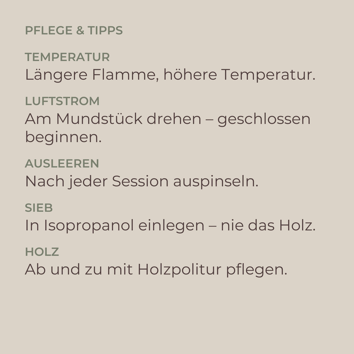 Infografik Pflege und Tipps zum Vapman Click: Temperatur, Luftstrom, Ausleeren, Sieb, Holz