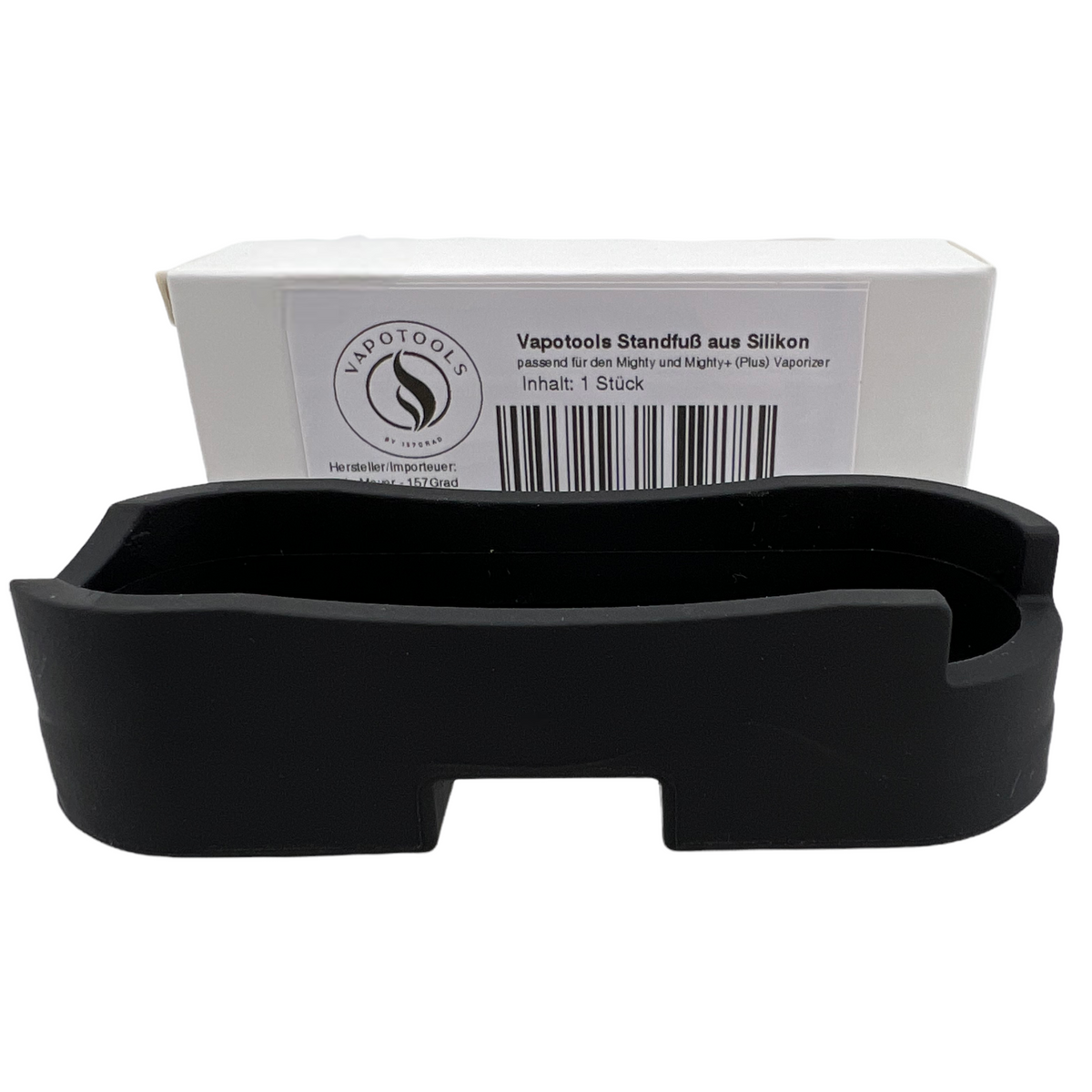 Vapotools Standfuß aus Silikon für Mighty neben der Verpackung