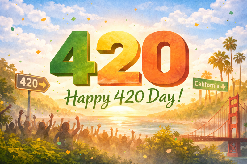 Grafik zum 420 Day mit Golden Gate Bridge, Palmen und feiernder Menge