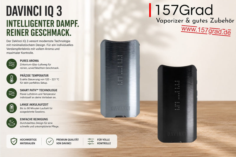 DaVinci IQ3 in Silber und Schwarz mit Hinweisen zu Aroma, Temperatur und Akkulaufzeit