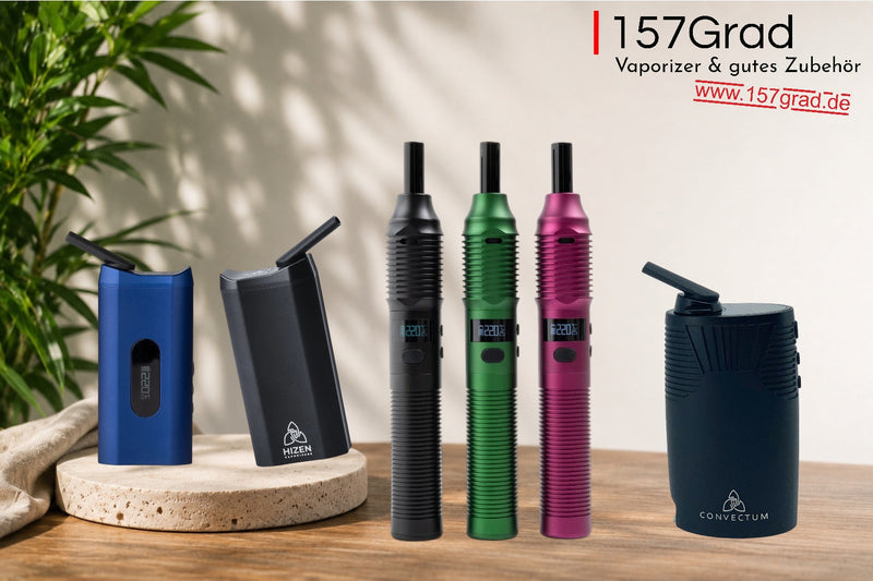 Mehrere Hizen Vaporizer nebeneinander in Blau, Schwarz, Grün und Pink