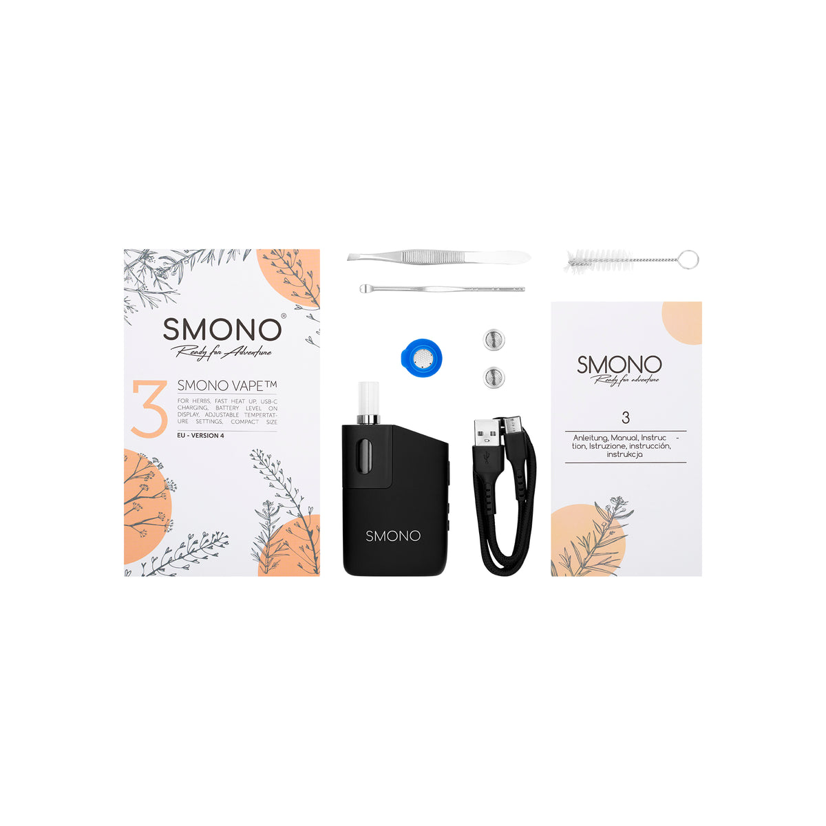Lieferumfang des Smono 3 mit Werkzeug, Sieben, Ladekabel und Anleitung