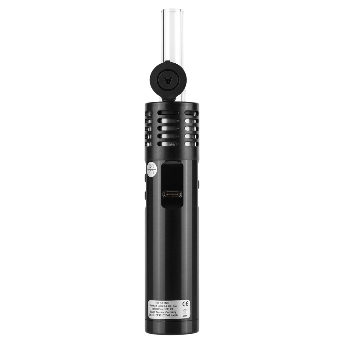 Rückseite des Arizer Air Max mit Ladeanschluss und Typenschild