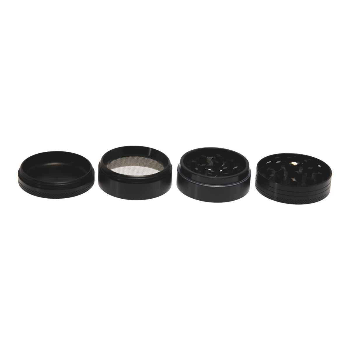 Near Dark Alu-Grinder konkav anodisiert 4-tlg Schwarz  alle Teile nebeneinander