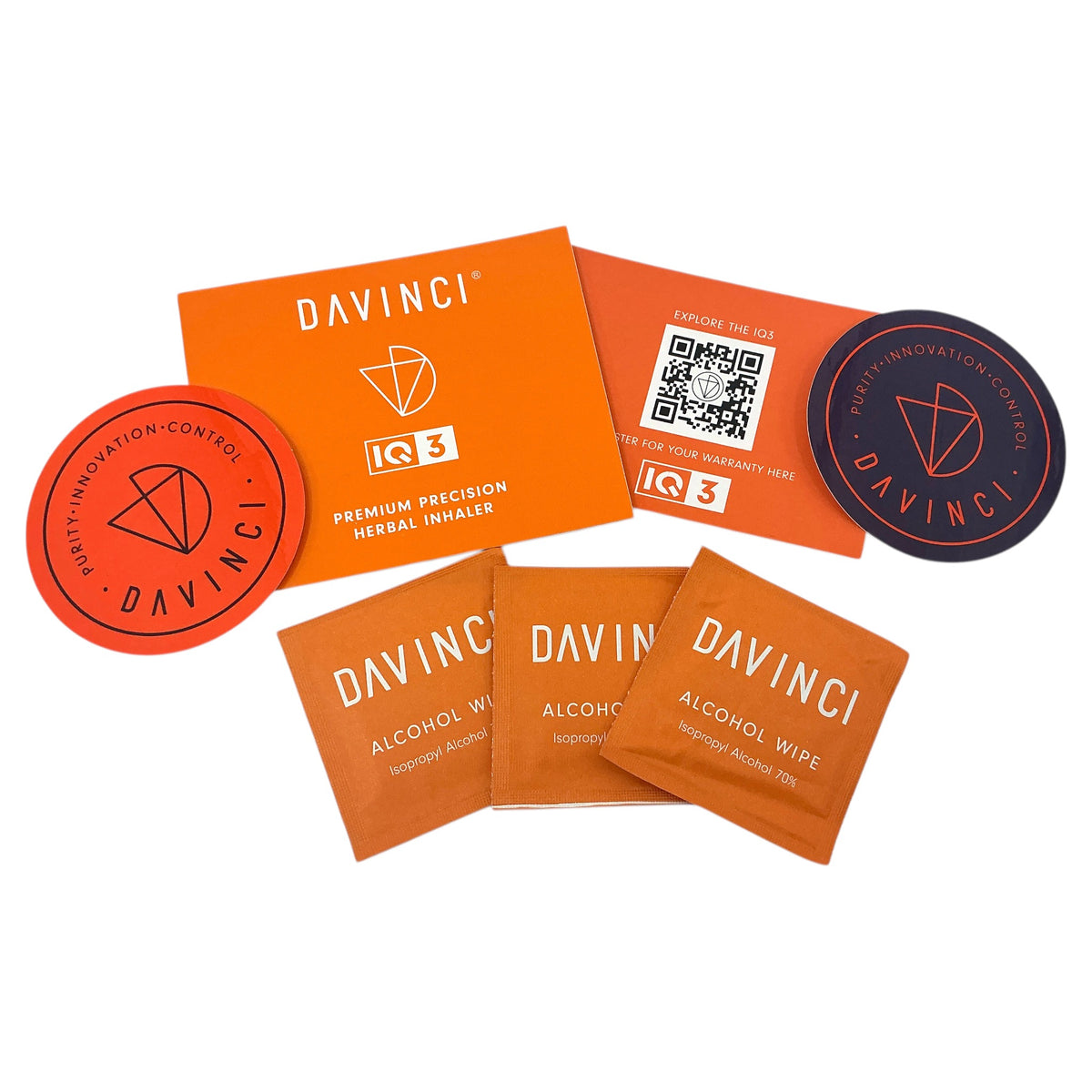 DaVinci IQ3 Sticker, Anleitung, Garantiekarte und Alkoholtücher