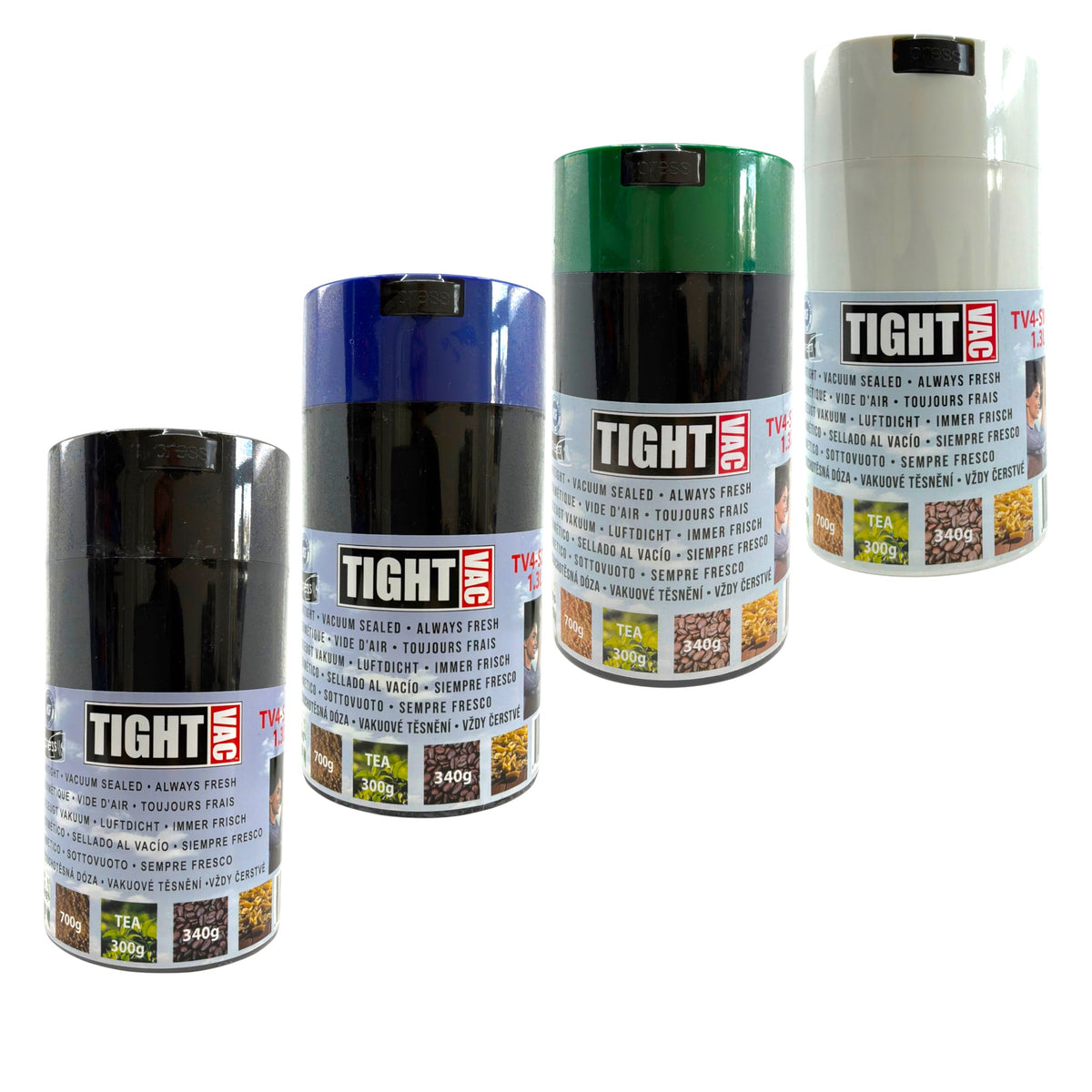 Tightpac Vitavac Vakuum-Container in Schwarz, Blau, Grün und Weiß