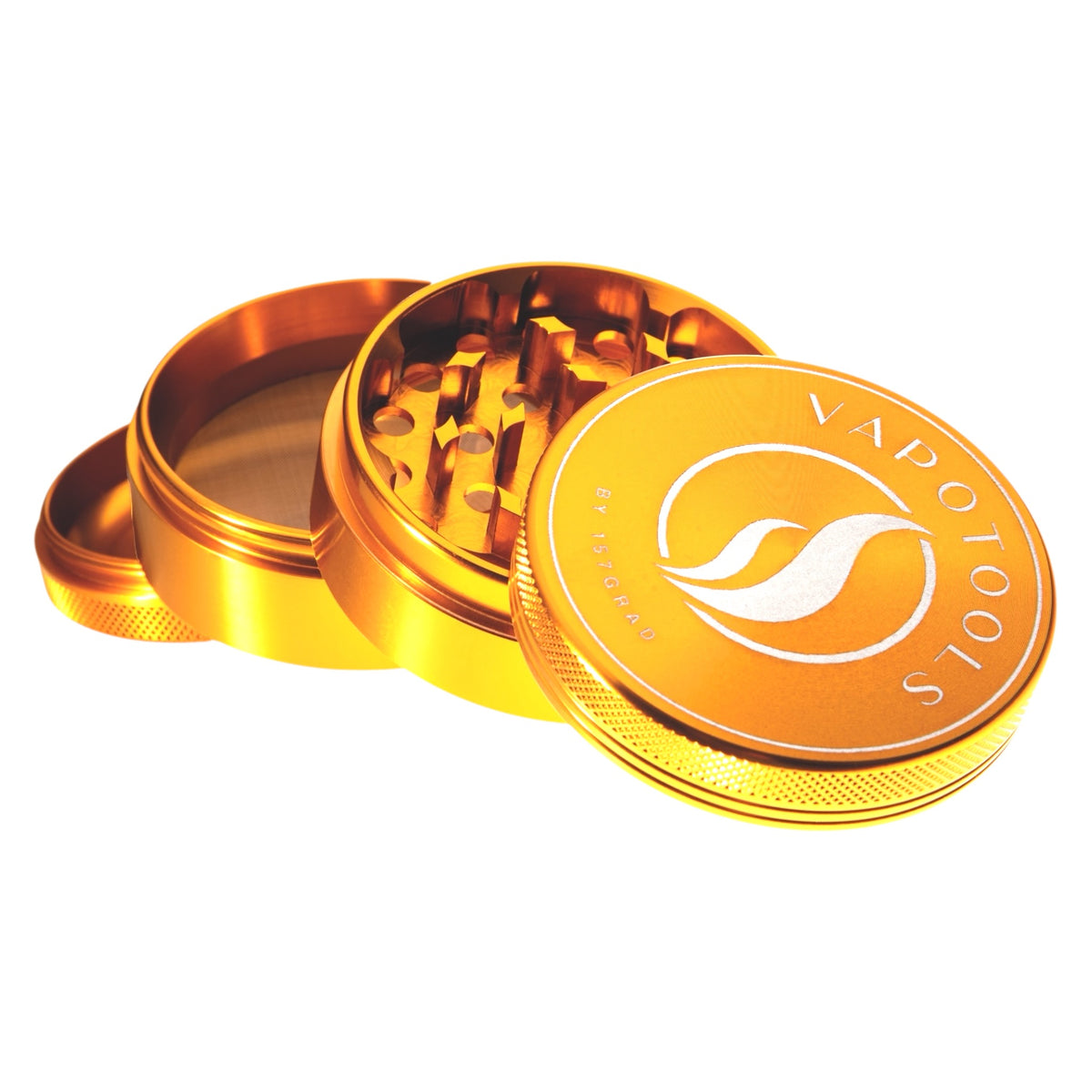 Vapotools by 157Grad Aluminium Premium Grinder Gold geöffnet schräg aufeinander