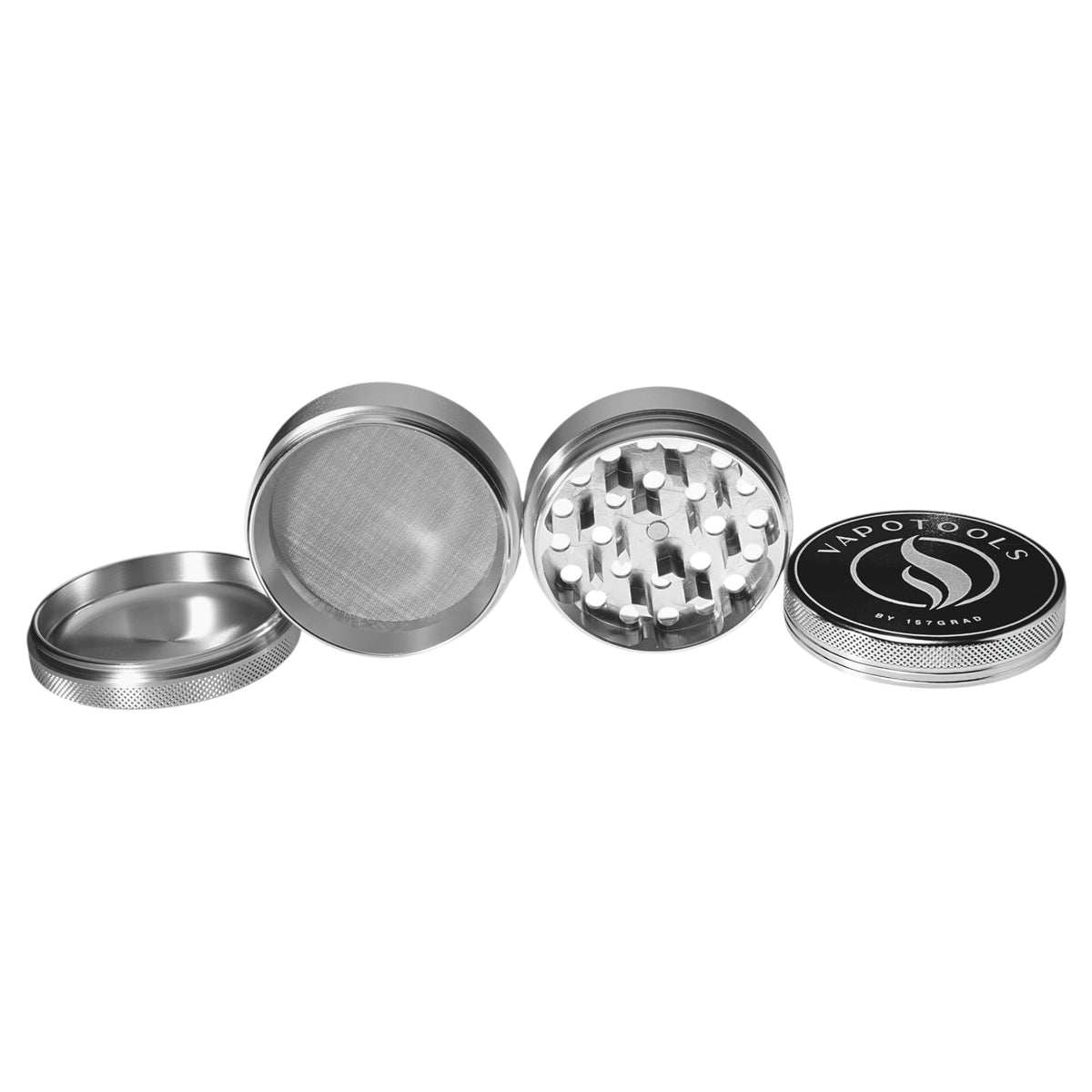 Vapotools by 157Grad Aluminium Premium Grinder Silber 4 Teile Details Sieb und Mahlwerk