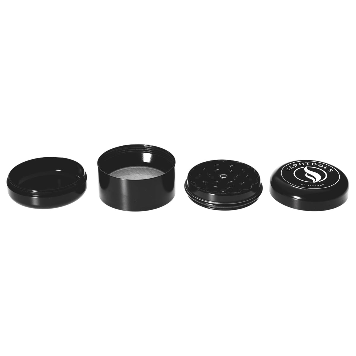 Vapotools by 157Grad Ceramic Herb Grinder 4teilig Schwarz geöffnet alle 4 Teile nebeneinander