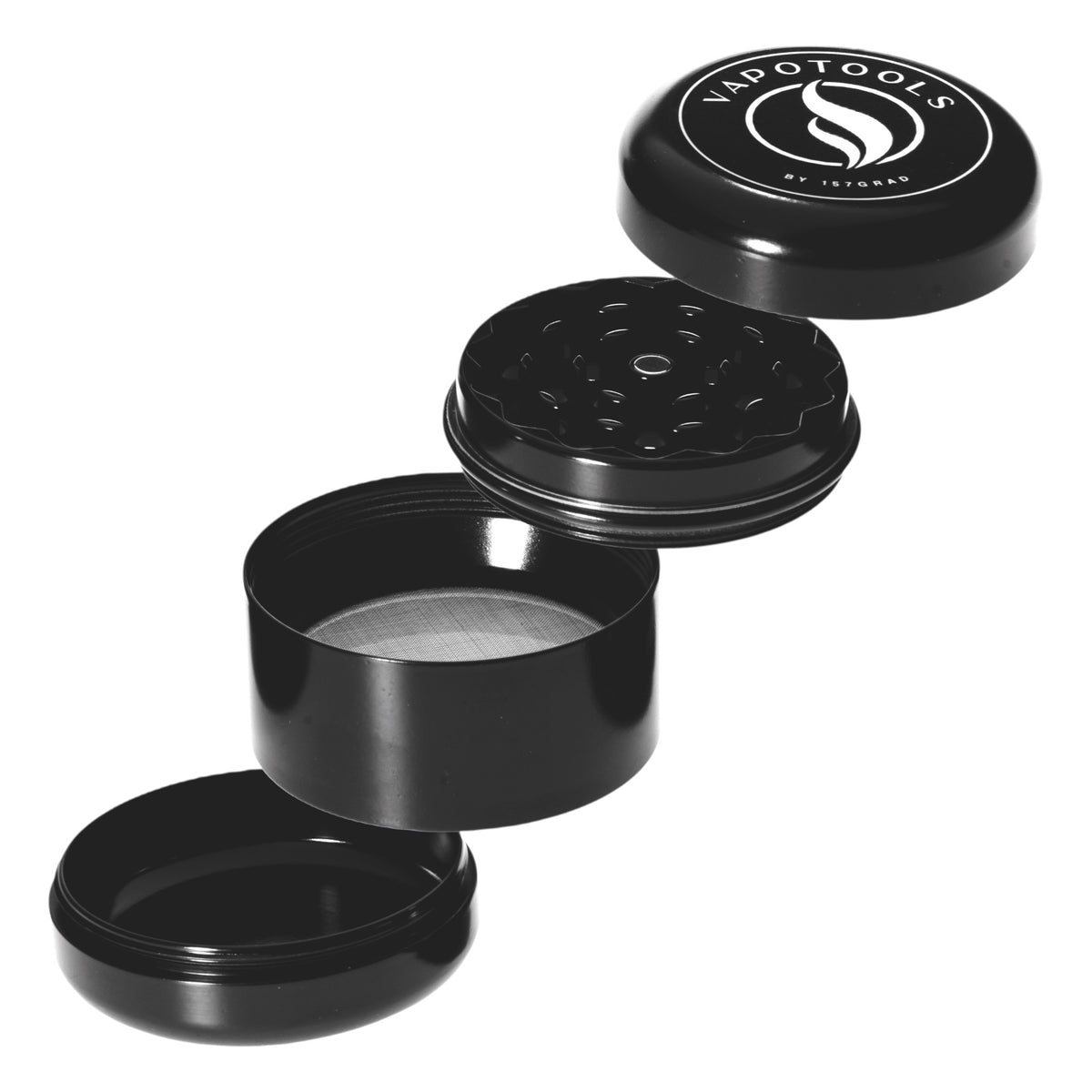 Vapotools by 157Grad Ceramic Herb Grinder 4teilig Schwarz geöffnet alle 4 Teile schräg aufeinander