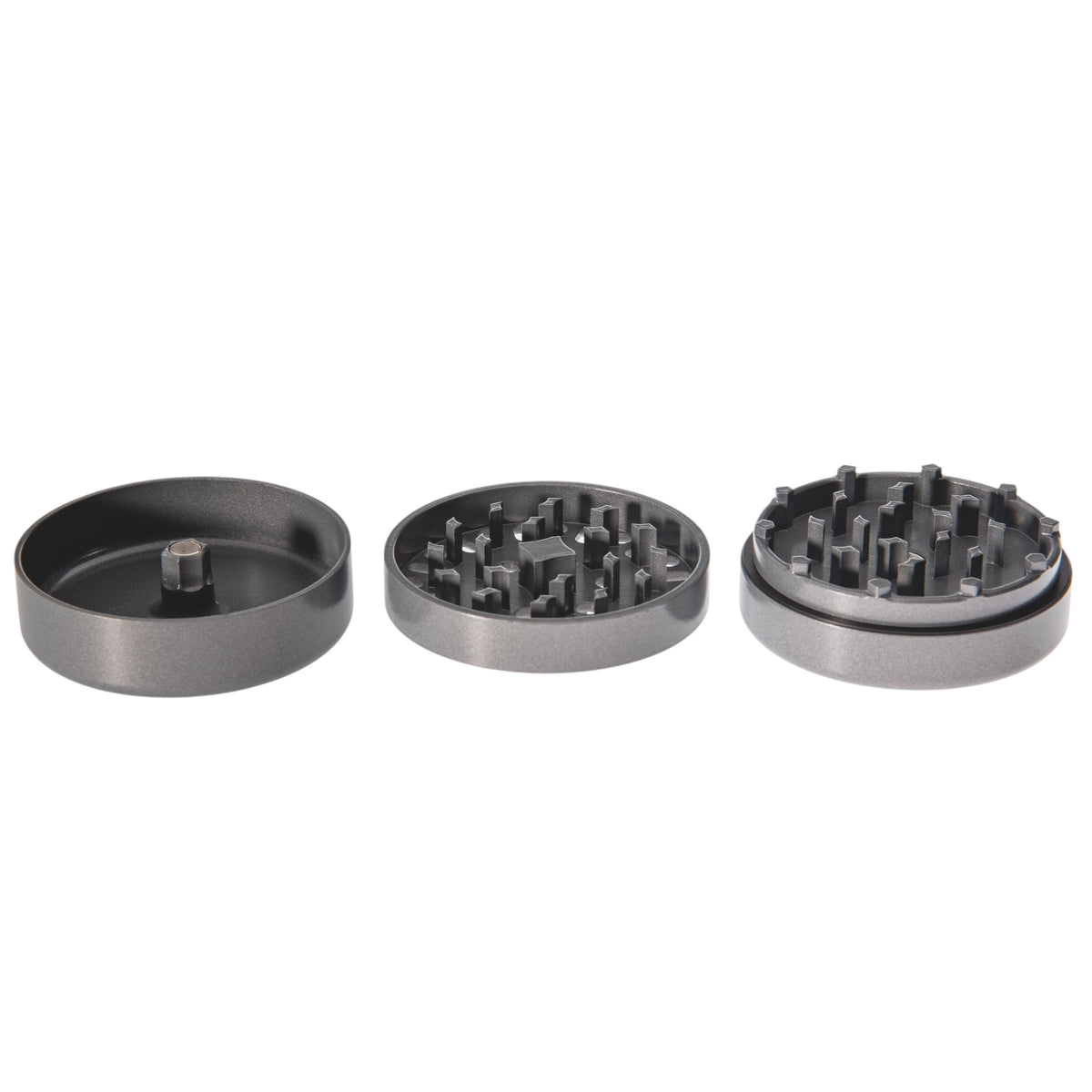 Vapotools by 157Grad Ceramic Ultra Grinder Grau geöffnet in 3 Teile nebeneinander Details Mahlwerk