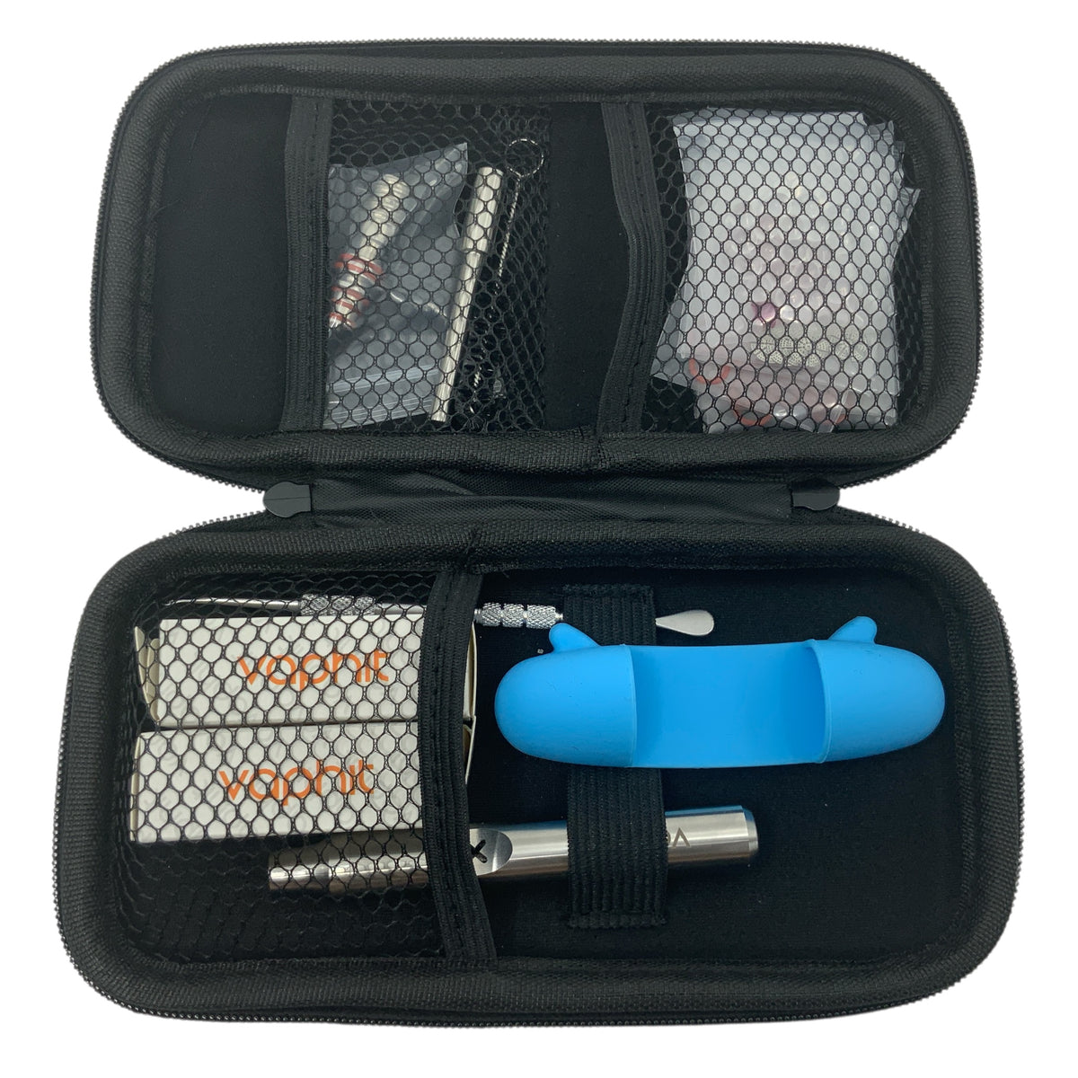 Vaphit X Edelstahl Kit - Mechanischer Verdampfer/Vaporizer Aufebwahrungstasche geöffnet mit Inhalt