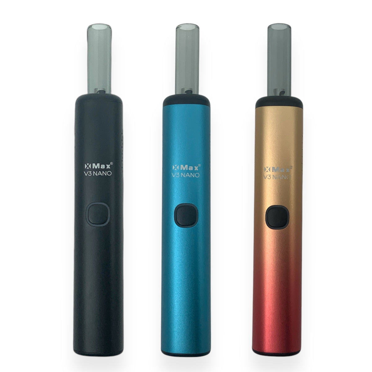 XMAX V3 Nano Vaporizer in Schwarz, Blau und Rot-Gold nebeneinander