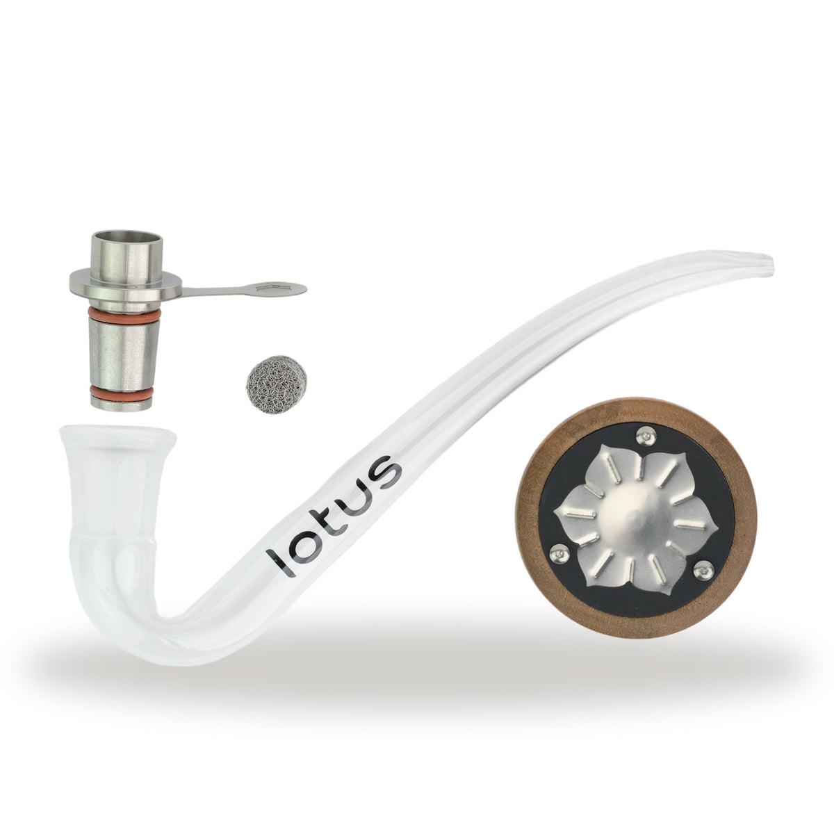 INHALE Lotus Kit Walnuss: Vapor Cap mit Heizplatte in Blütenform, Adapter, Sieb und Glaspfeife