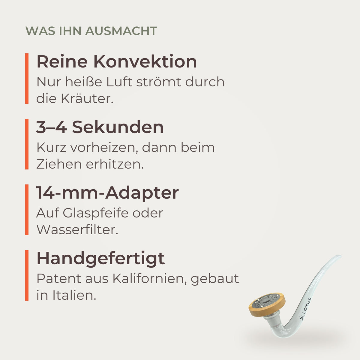 Was den INHALE Lotus ausmacht: reine Konvektion, 3–4 Sekunden vorheizen, 14-mm-Adapter, handgefertigt