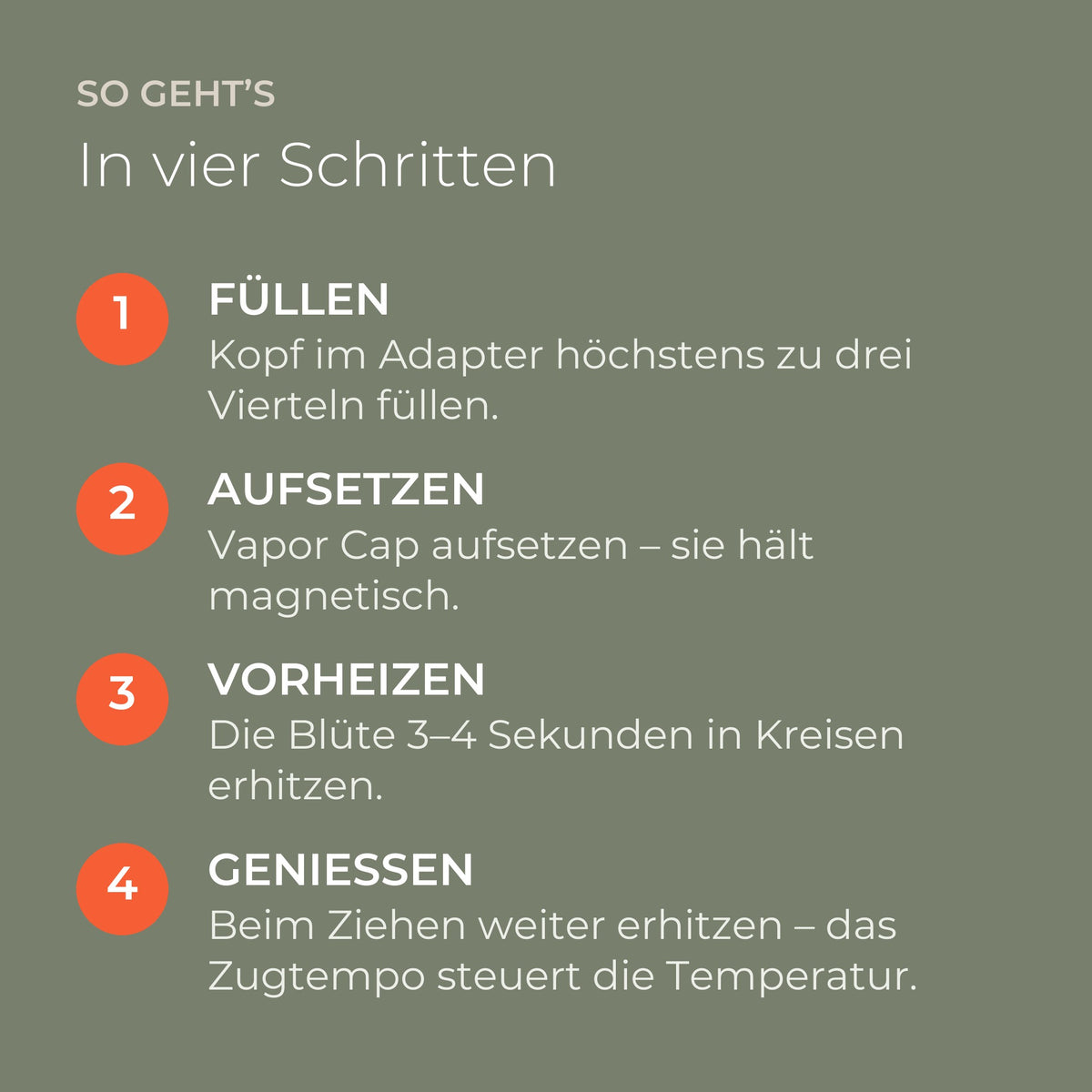 So geht’s: Kopf füllen, Vapor Cap aufsetzen, 3–4 Sekunden vorheizen, beim Ziehen weiter erhitzen