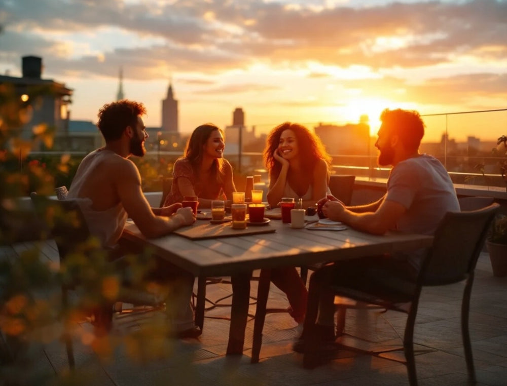 Vier Personen sitzen abends zusammen auf einer Dachterrasse über der Stadt